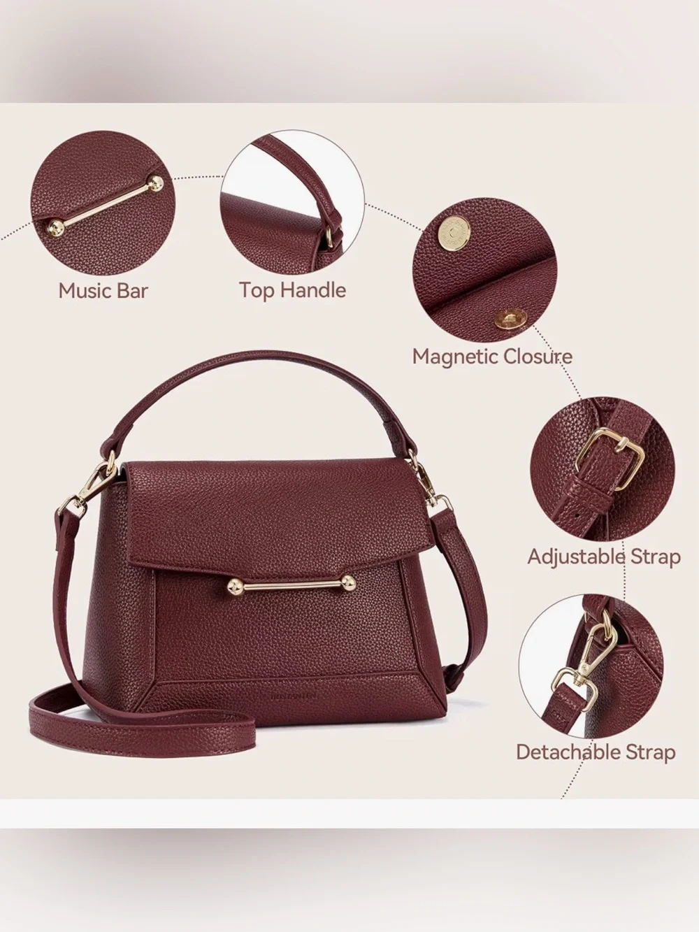 Bostanten Vegan Leather Structured Crossbody Purse Burgundy